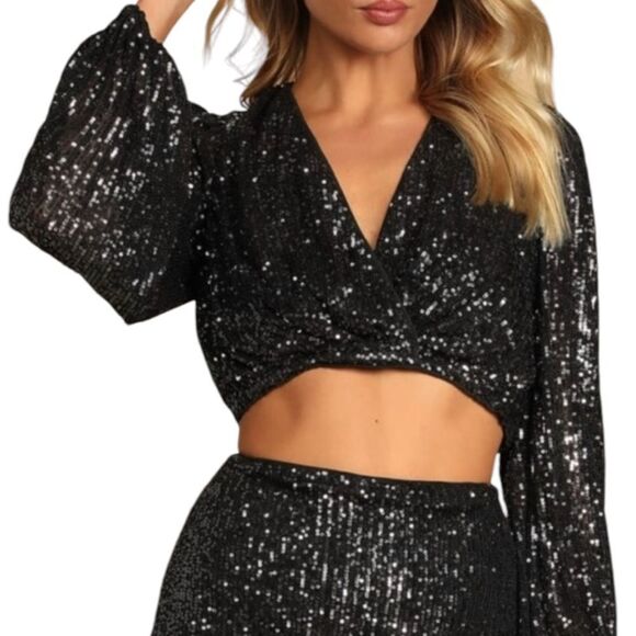 Lulus Shining with Confidence Black Sequin Crop Top Size Small New with Tags - Picture 1 of 13